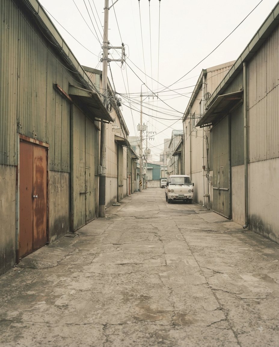 노후 산업단지의 좁은 도로와 낡은 공장 외벽